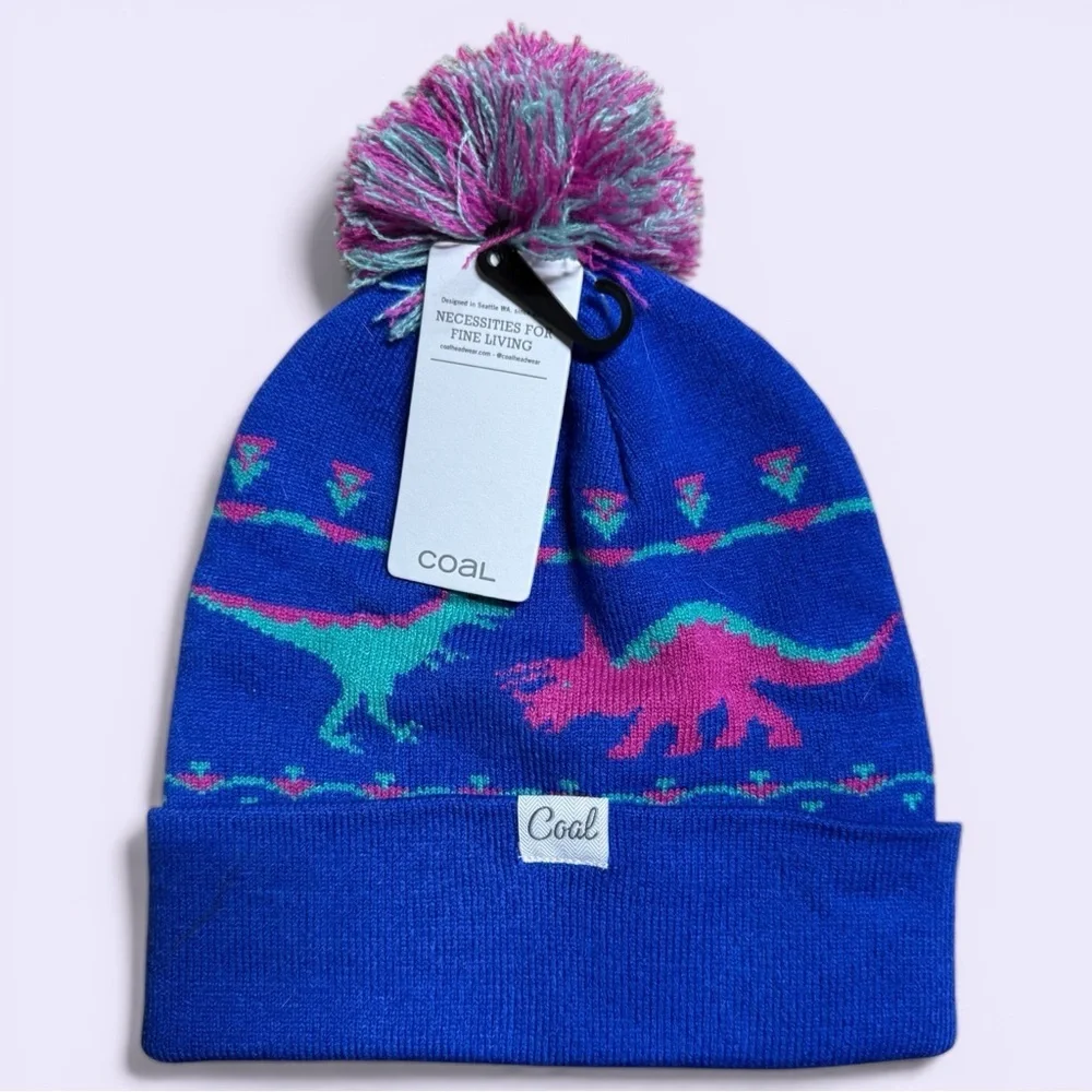 Coal Headwear Dina Beanie Hat Unisex Kids M Blue Dinosaur Graphic Pom